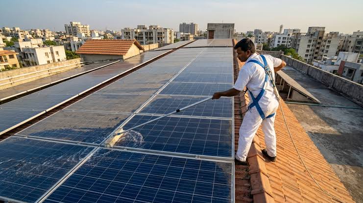 Technician cleaning rooftop solar panels in India